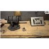 Image 6 : STEEL AND WOOD WORK TABLE WITH ATTACHED VISE, MACHINIST VISE AND ASSORTED INDUSTRIAL GRINDER
