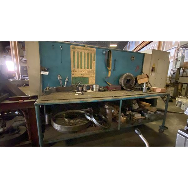 METAL MOBILE WORK TABLE WITH ASSORTED LATHE PARTS, TOOLS AND ATTACHMENTS