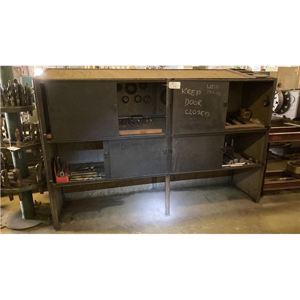 LARGE METAL STORAGE CABINET AND CONTENTS - METAL LATHE TOOLS. PARTS AND ATTACHMENTS