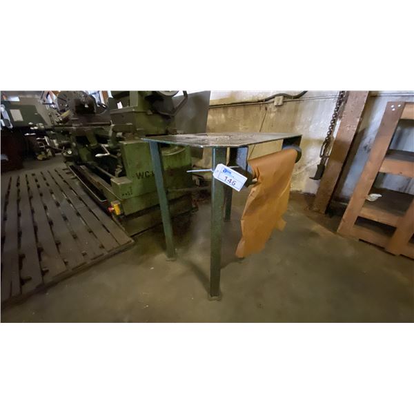 SMALL METAL WORK TABLE WITH PAPER ROLL DISPENSER - APPROX. 3FT X 2FT X 3FT HIGH