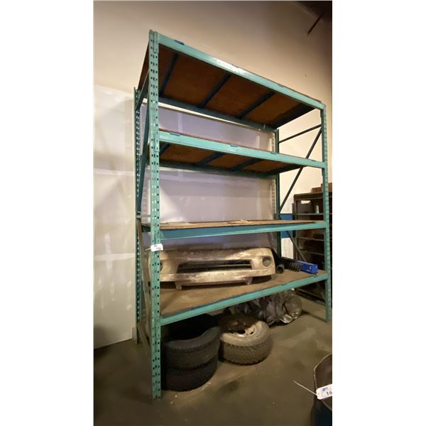 ONE BAY OF GREEN PALLET RACKING - (2) 12FT UPRIGHTS, (8) 9FT SIDE RAILS WITH PLYWOOD SHELVES