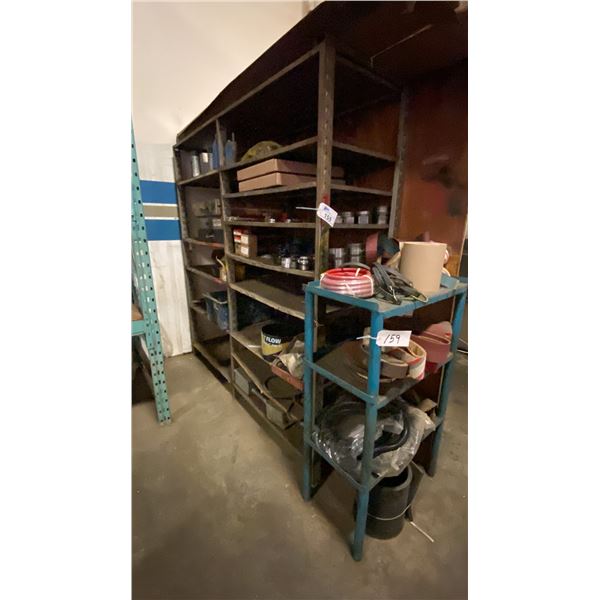 2 METAL SHELVING UNITS AND CONTENTS - AIR LINE HOSE, BANDSAW BLADES, SAND PAPER AND MORE