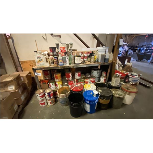 PAINTERS LOT - WORK TABLE, ASSORTED PAINTS, SPRAY GUNS AND MORE