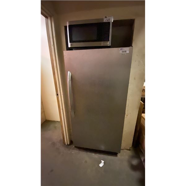 KENMORE ELITE STAINLESS STEEL FRONT SINGLE DOOR FRIDGE, WHITE FRIDGE, LG MICROWAVE AND