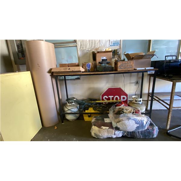 GROUP OF ASSORTED ITEMS INCLUDING METAL FRAMED TABLE, STOP SIGN, PARTS/COMPONENTS