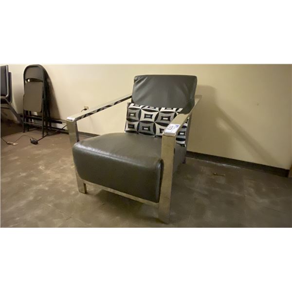 GREY LEATHER AND CHROME ACCENT CHAIR