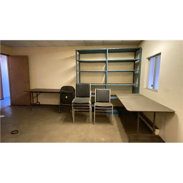 UPSTAIRS MEETING ROOM ITEMS - BLUE METAL SHELF UNIT, 5 STACKING CHAIRS, 2 FOLDING CHAIRS AND