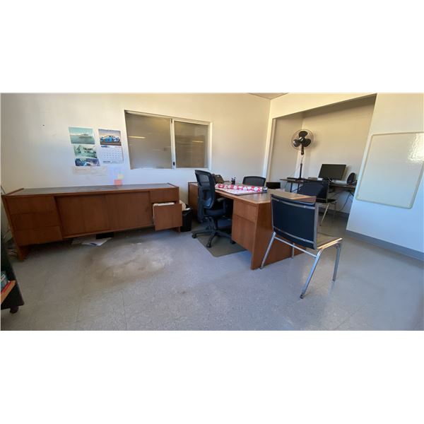 CONTENTS OF UPSTAIRS SMALL OFFICE DESK, FILING CABINETS, CHAIRS, FAN, MONITOR, KEYBOARD