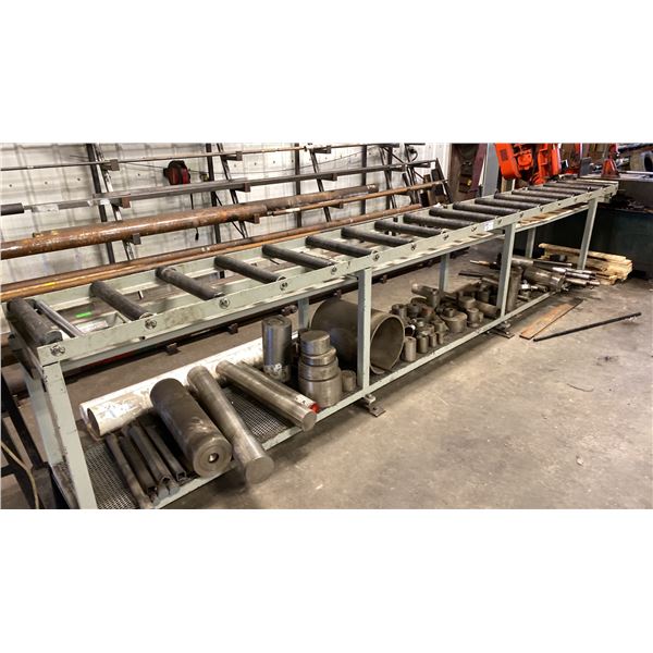 16' ROLLER FEED TABLE. 35 1/2  HIGH. ADJUSTABLE LEVELERS.