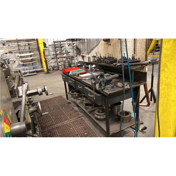 8' LONG METAL WORK BENCH WITH 5" VISE. 4' OVERHEAD LIGHT. PEG BOARD BACK