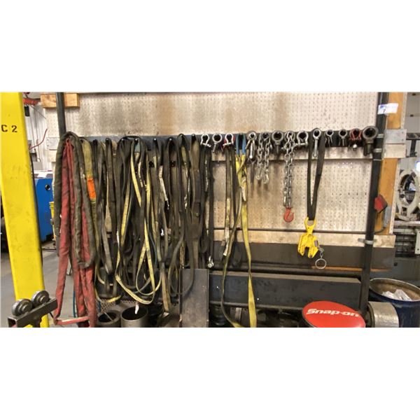 GROUP OF ASSORTED SLINGS, SHACKLES,  ASSORTED LENGTH AND SIZES. OVER 75 PIECES