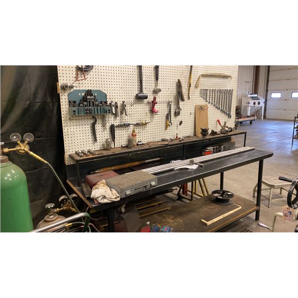 8' METAL WORK BENCH. PEG BOARD BACK. INCLUDES COMBINATION WRENCH SET. HAMMERS, PRY BARS, ETC.