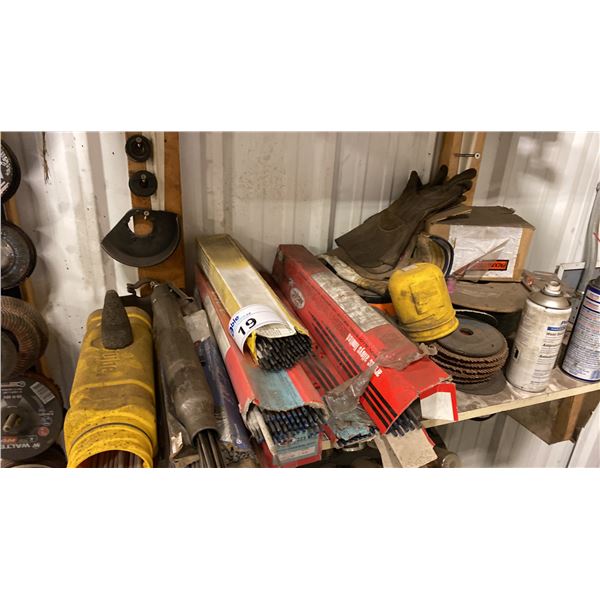 SHELF OF ASSORTED WELDING RODS AND GRINDING DISCS, WELDING BLANKETS & ROD HOLDER STAND