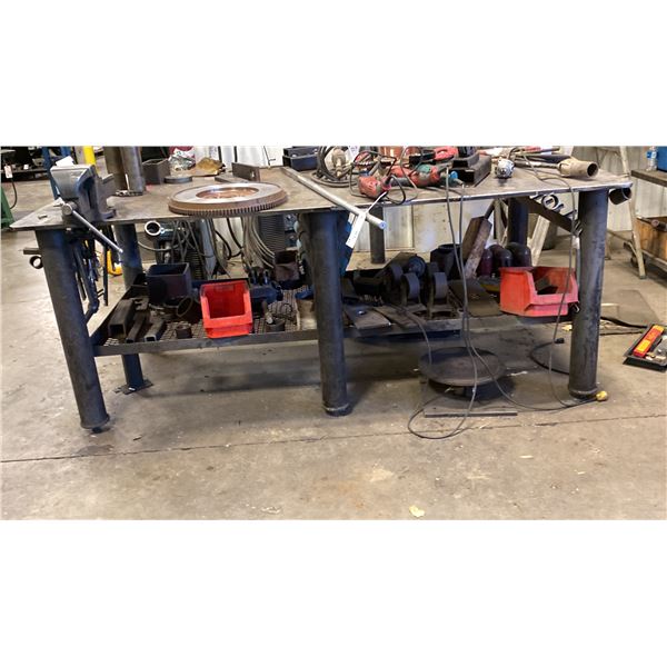 8' X 4' WELDING TABLE. 3/4" SOLID TOP. ADJUSTABLE LEGS. HEAVY. INC 6" IRWIN VISE.