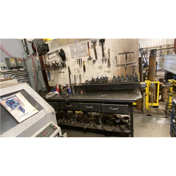 8' METAL WORK BENCH. 4 DRAWERS, 6" VISE, PEGBOARD, 4' OVERHEAD LIGHT, RETRACTABLE HOSE REEL,