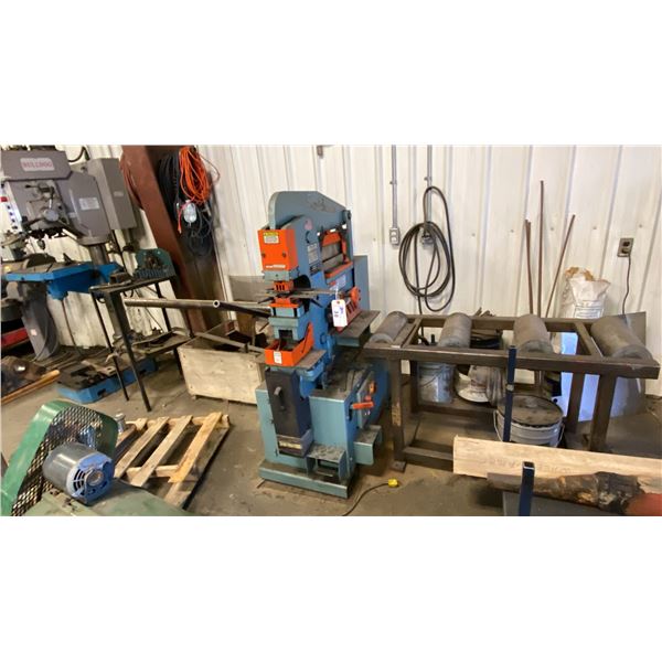 SCOTCHMAN IRON WORKER. MODEL 50514-CM 3 HP WITH MANUAL. INC 4' FEED TABLE.
