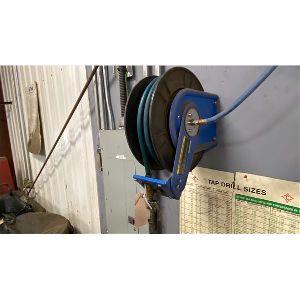 50' AIR HOSE REEL. BUYER TO REMOVE FROM WALL *REQUIRES TOOLS FOR REMOVAL*