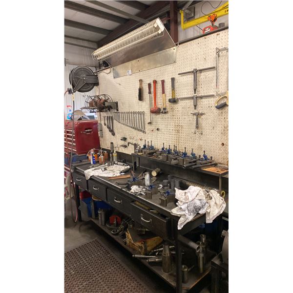 8' METAL WORK BENCH. 4 DRAWERS, 5  VISE, COMPLETE SET OF MATCHING COMBINATION WRENCHES (7MM-24MM),
