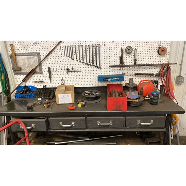 8' METAL WORK BENCH. 4 DRAWERS, 4' LIGHT, AIR HOSE REEL, SET OF COMBINATION WRENCHES (1/4"-1 1/16")