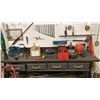 Image 1 : 8' METAL WORK BENCH. 4 DRAWERS, 4' LIGHT, AIR HOSE REEL, SET OF COMBINATION WRENCHES (1/4"-1 1/16")