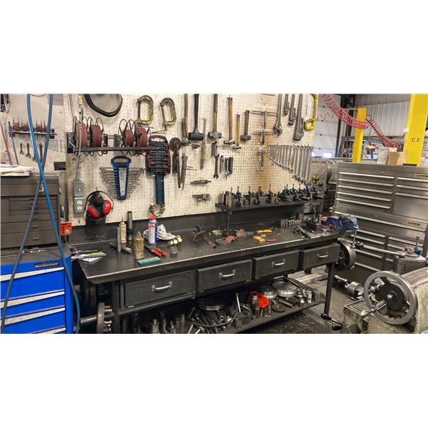 8' METAL WORK BENCH. 4' LIGHT, AIR HOSE REEL, EMERY PAPER DISPENSER, SET OF STANDARD COMBINATION