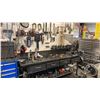 Image 1 : 8' METAL WORK BENCH. 4' LIGHT, AIR HOSE REEL, EMERY PAPER DISPENSER, SET OF STANDARD COMBINATION