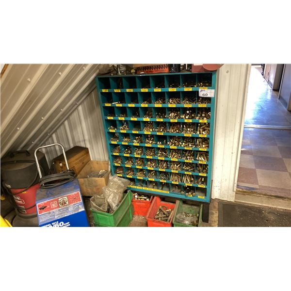36" WIDE DISPLAY RACK WITH LARGE SELECTION OF GRADE 8 NUTS AND BOLTS. INC BINS ON FLOOR