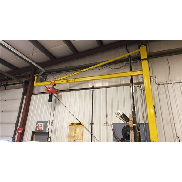 1 1/2 TON JIB CRANE. BUYER TO REMOVE. APPROX 16' BOOM, BEARING SWIVEL. CM LOADSTAR HOIST WITH