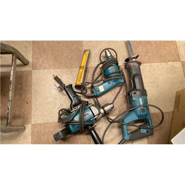 MAKITA POWER TOOLS. 1/2" DRILL, 3/8" DRILL, RECIPROCATING SAW, SAW BLADES