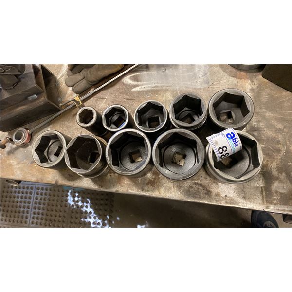 10 PCS 1" DRIVE IMPACT SOCKETS. ASST S.A.E. SIZES TO 3 1/8"