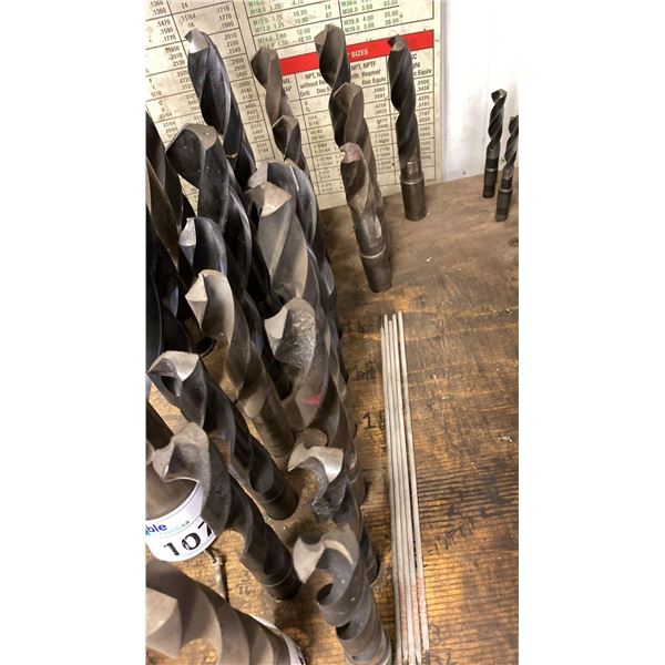 GROUP OF #4 SHANK DRILL BITS. 1 1/16 -1 3/4  APPROX 22 PIECES