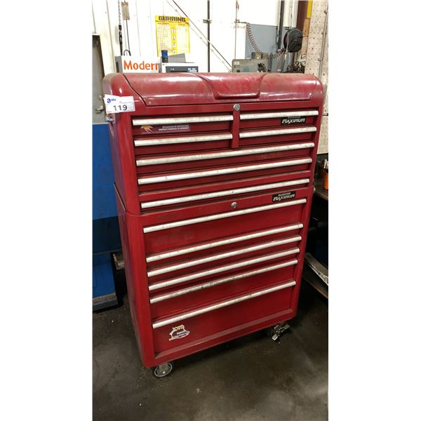 MASTERCRAFT MAXIMUM TOOL CABINET ON WHEELS. INC SOME CONTENTS AS SHOWN IN PHOTOS BUT NOT ALL.