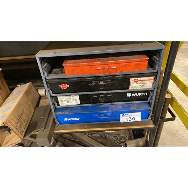 4 TRAYS OF FASTENERS AS IN PHOTOS. FASTENAL CAP SCREWS. WURTH MACHINE SCREWS, NUTS, WASHERS,