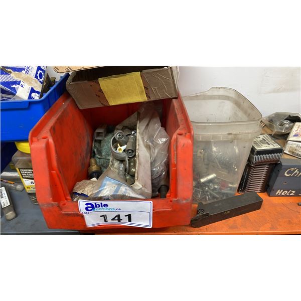 CONTENTS OF TOP OF SHELF. TOOL INSERTS, FITTINGS, MILLING TOOLS, BOLTS, ETC AS IN PHOTOS