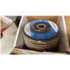 Image 14 : TWO SHELVES OF ASST ABRASIVES. APPROX 10 ROLLS EMERY PAPER, SEVERAL BOXES WURTH 2" SANDING DISCS,