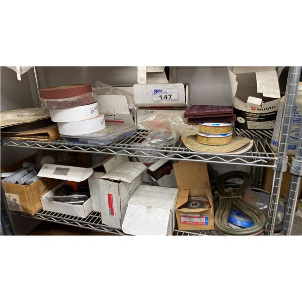 TWO SHELVES OF ASST ABRASIVES. APPROX 10 ROLLS EMERY PAPER, SEVERAL BOXES WURTH 2  SANDING DISCS,