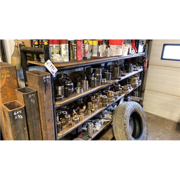 CUSTOM HEAVY DUTY METAL SHELF 8' X 18  X 66 H MADE WITH 20  TUBING. NO CONTENTS