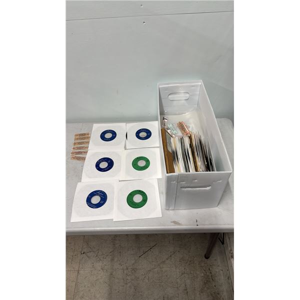 BOX OF ASSORTED VINTAGE 45 RPM RECORDS & JUKEBOX LABELS