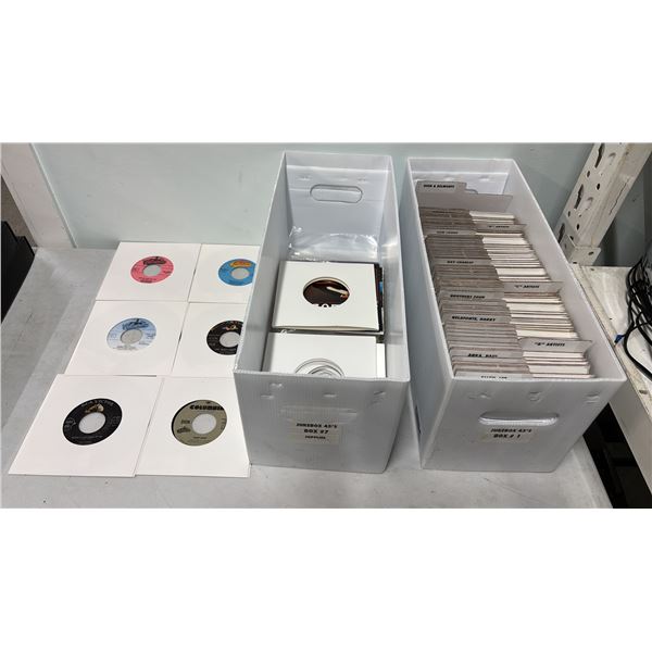 BOX OF ASSORTED VINTAGE 45 RPM RECORDS & BOX OF ASSORTED 45 RPM RECORD SLEEVES