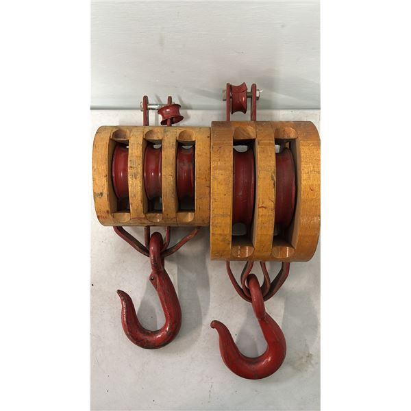 (2) VINTAGE WESTER BLOCK COMPANY ANVIL BRAND WOOD BLOCK & TACKLE ASSEMBLIES