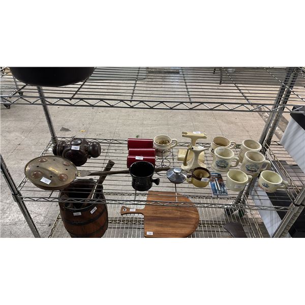 SHELF OF VTG SHAVING MUGS, BRUSHES, RAZORS & RAZOR STANDS, VTG BRASS BED WARMER & ANTIQUE KEROSENE