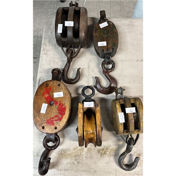 (5) ASSORTED VINTAGE BLOCK & TACKLE PULLEYS