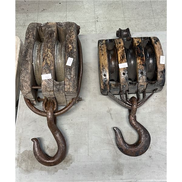 LARGE VTG DOUBLE-SHEAVE BLOCK & TACKLE PULLEY & LARGE VTG. TRIPLE-SHEAVE BLOCK & TACKLE PULLEY