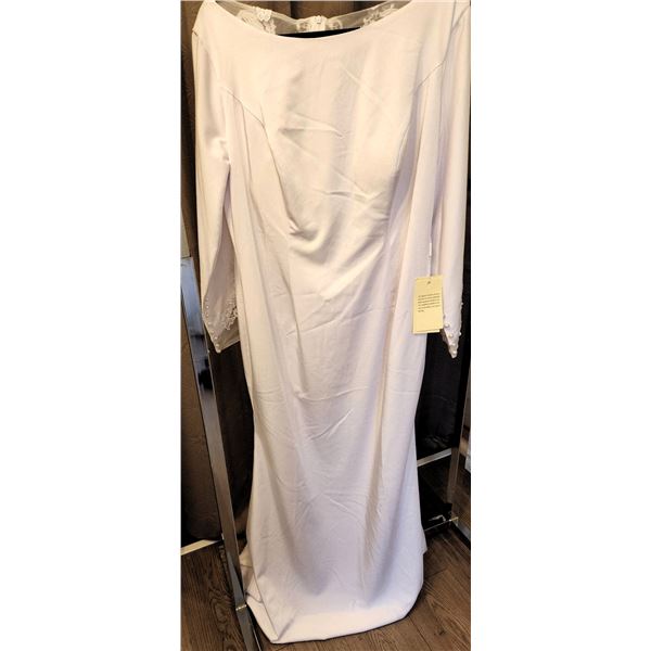 White Long Sleeve Bridal Gown with Lace Appliqué and Button Detailing, Fits Medium