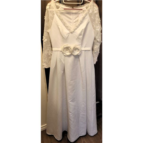 White Bridal Gown with Lace Sleeves and Floral Belt, Size 6, No Manufacturer Tag