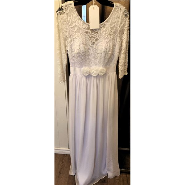 White Lace Bridal Gown with Pearl Trim and Floral Waist Detail