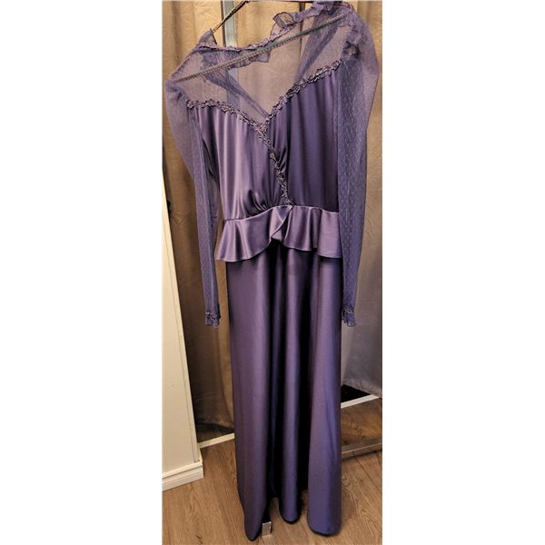 Purple Formal Gown with Sheer Mesh Long Sleeves and Peplum Waist