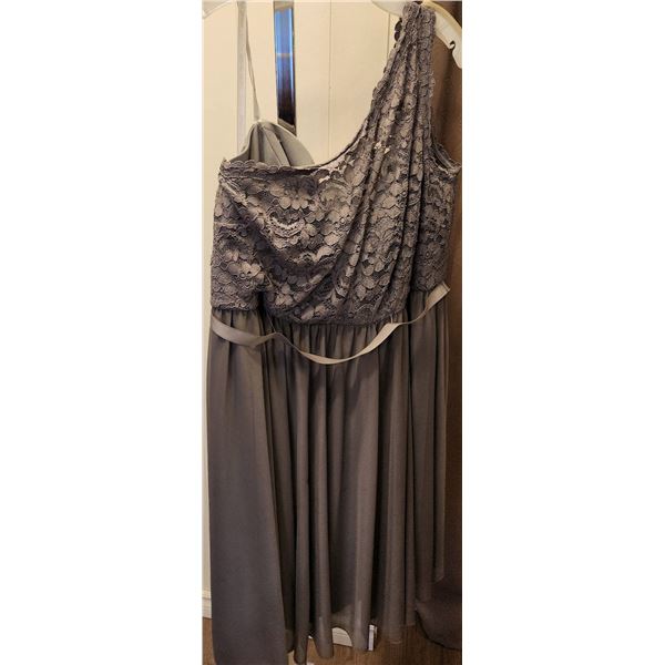 David's Bridal Formal Gown, One Shoulder Grey Lace Bodice