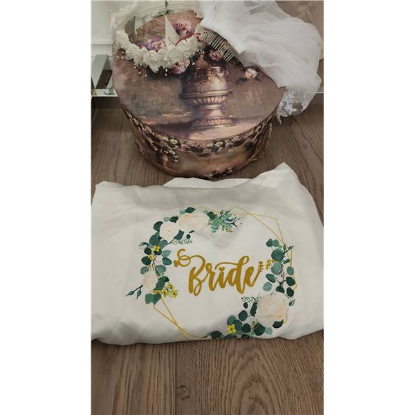 Bridal Robe, Flower Crown, Veil with Comb and Decorative Hat Box Set