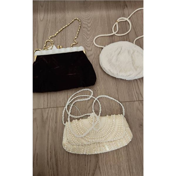 3 Evening Bags – Velvet Clutch, Beaded Cadaz Purse, Beaded Ebony & Ivory Purse